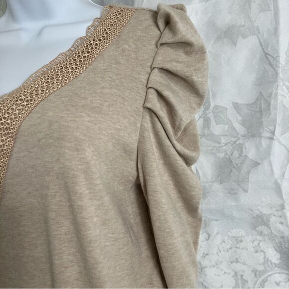 DOKOTOO Beige Minimalist Light Academia Top Crochet V-neck Draped Long Sleeve - Picture 4 of 13